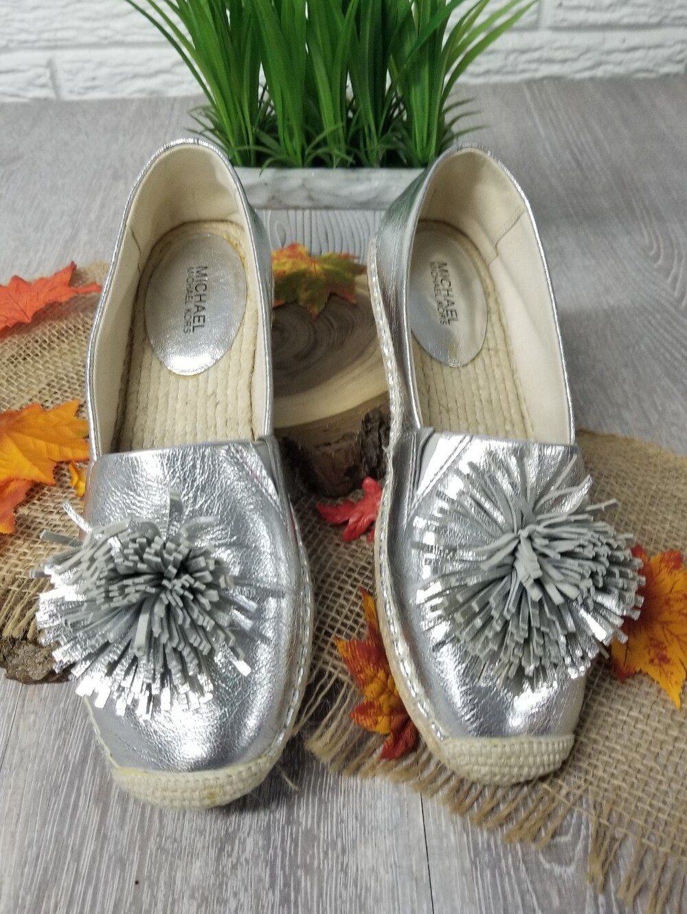 Silver Metallic Michael Kors Flats Eith Pompom Tassels